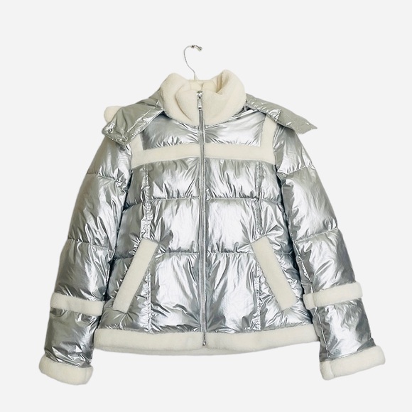 Sam Edelman METALLIC FLEECE TRIM HOODED PUFF COAT IN SILVER NWT - Picture 4 of 14